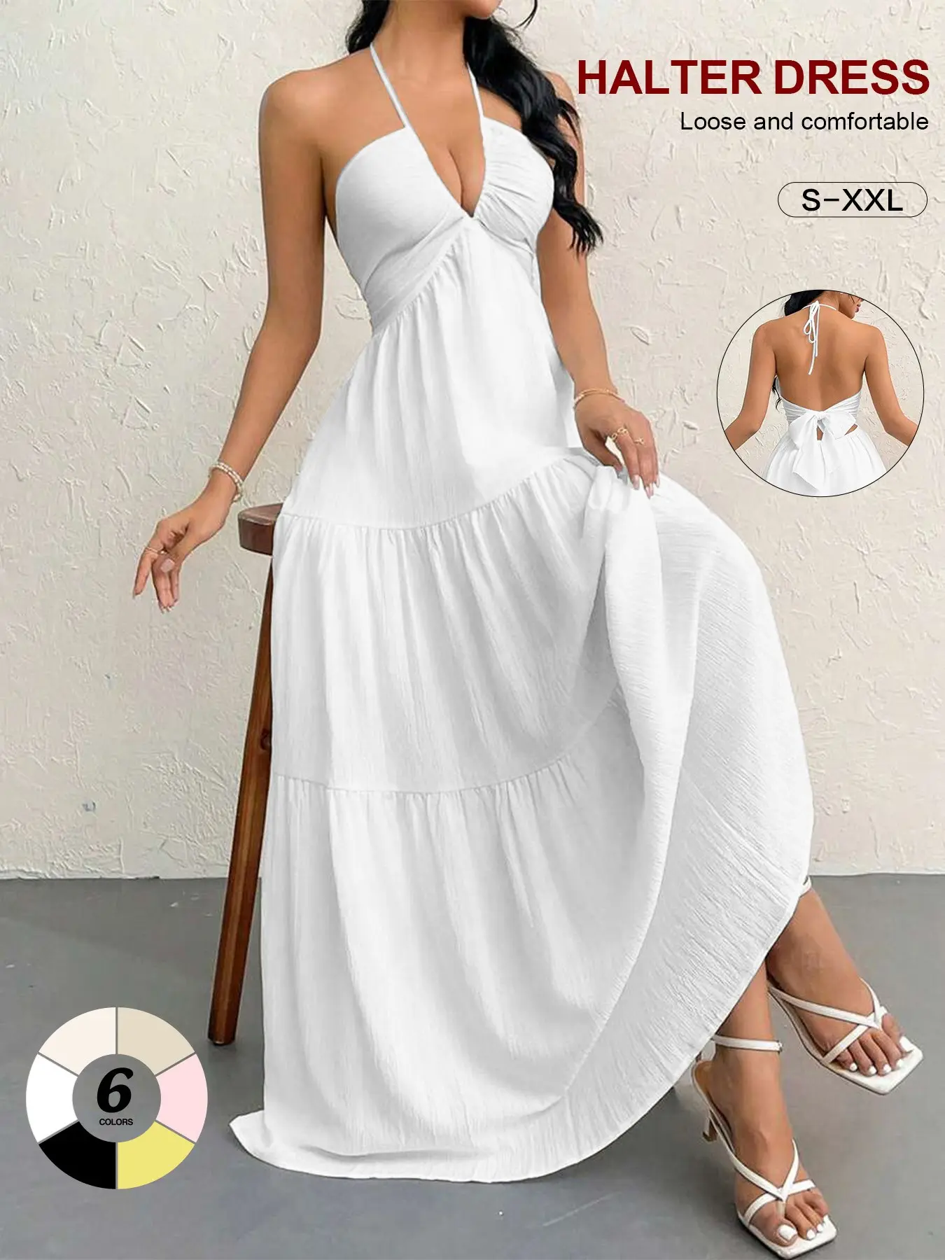 2026 European Chic Style Strapless Backless Halter Dress, Deep V Neck Tie Waist Adjustable Long Dress, Sexy Slimming Leg-Length Fairy Dress for Summer maxi dress sundress bouncy dresses sister white dress