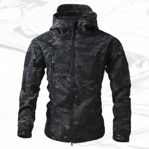 A men's camouflage hooded jacket with an outdoor and military style. The jacket features multiple zipper pockets distributed across the chest, arms, and other areas, providing convenient storage for small items such as phones and keys, making it highly pr