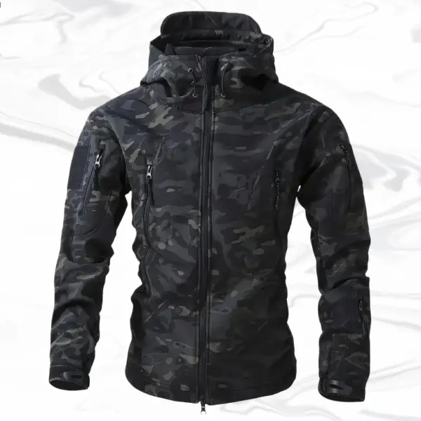 Men's Camouflage Hooded Long Sleeve Jacket Menswear Coats, Casual Outdoor Military Style Top with Multiple Zipper Pockets on Chest & Arms for Storing Small Items (Phones, Keys) Father's Day Gift