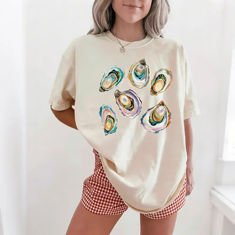 Women's Coastal Aesthetic Casual Oversized T-Shirt - Watercolor Oyster Shell Prints, Loose Comfortable Retro Graphic Top for Beach Lovers, Fabrics, Baggy, Everyday, Round Neck, Women's Clothes, Birthday, Sweatpants, Cotton Fabric, Chic, Streetwear, Tshirt