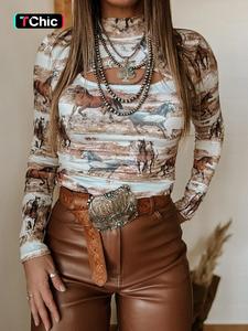 women's horse print cut out mock neck tee, casual long sleeve crop t-shirt for spring & fall, women's top for daily wear, trending clothing women