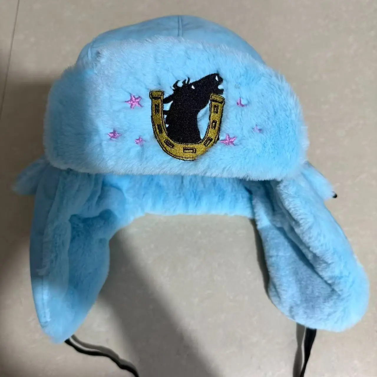 IRON SPHERE SPRINT Blue Wool Ushanka Hat - Adjustable Fit, Front Embroidered Horse Design, 1 Size Fits All, Stylish & Practical Fashion Accessory