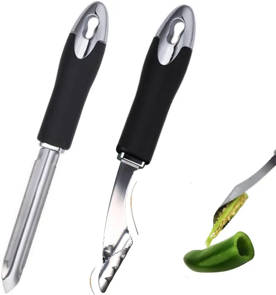 Heavy Duty Jalapeno Pepper Corer, 2 Pieces Jalepeno Pepper Corer Seed Remover Tool, Zucchini Cucumber Corer Remover with Serrated Slice and Rubber Handle, Slice Off Vegetables Tops for Kitchen