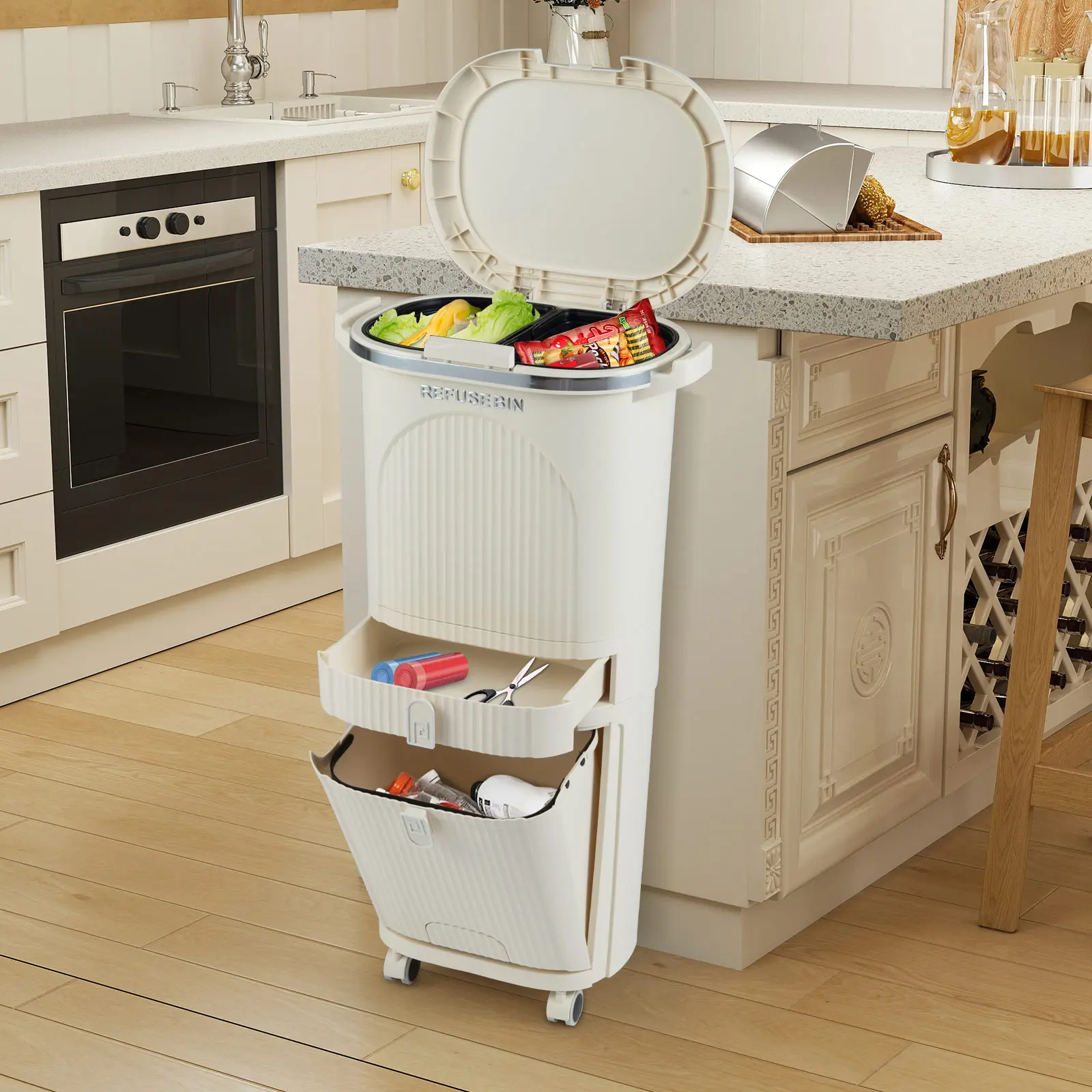 COSTWAY - 11 Gallon 3-Layer Kitchen Trash Can with Lid and 2 Removable Buckets-Beige