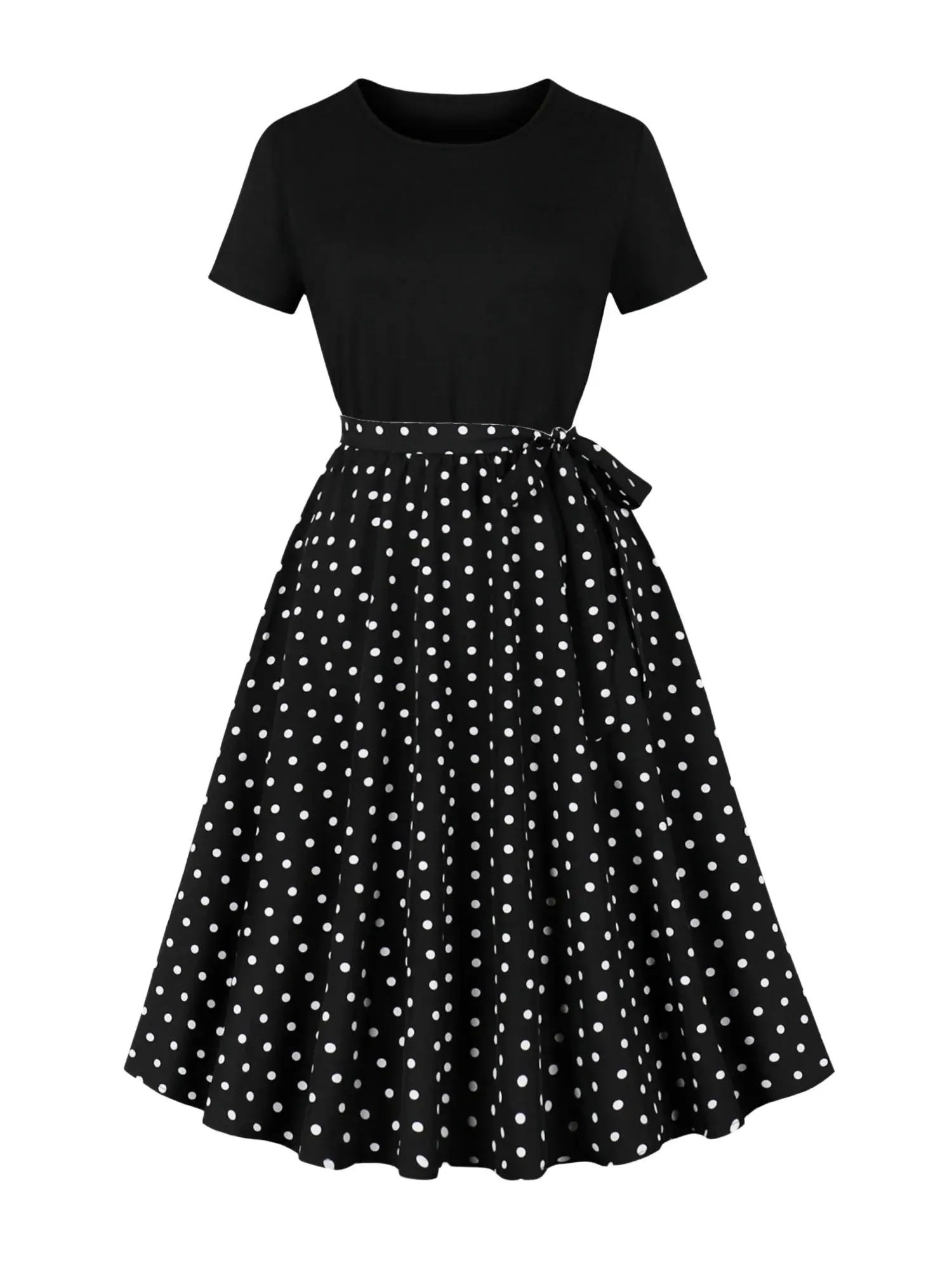 Slimming Hourglass Silhouette, Vintage Polka Dot Swing Dress – 1950s Retro Midi Dress, High-Waisted A-Line Skirt Casual Womenswear Elegance
