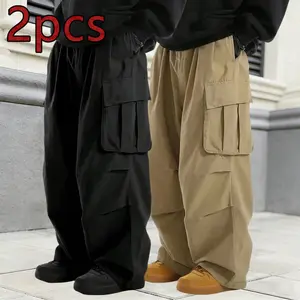 2-Pack Men’s Baggy Multi-Pocket Cargo Pants – Oversized Wide-Leg Streetwear Pants, Casual Y2K Skate Pants for Everyday Wear, Street Style & Outdoor