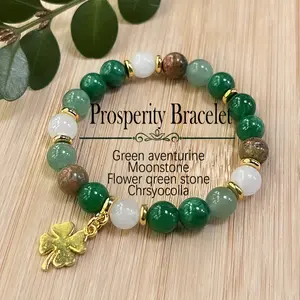 Green Aventurine & Chrysocolla Beaded Necklace Bracelet – Natural Stone Fortune Jewelry with Four-Leaf Clover Charm, Vintage Bohemian Style, Unisex Gift for St Patricks Day, Thanksgiving, Everyday Wear