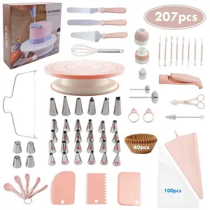 Cake Decorating Kit 207pcs Cake Decorating Supplies with Cake Turntable for Decorating Pastry Piping Bag Russian Piping Tips Baking Tools Cake Baking Supplies for Beginners