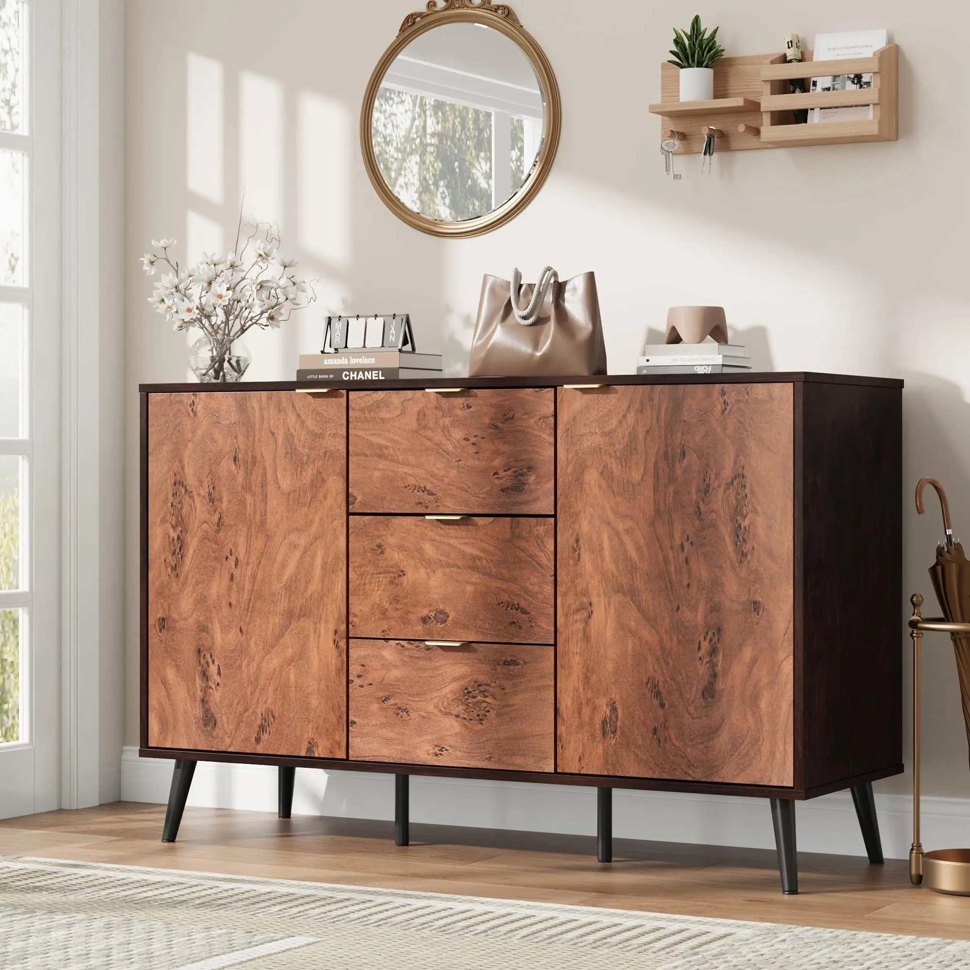GARVEE 51.2-Inch Farmhouse Buffet Cabinet with 3 Drawers, Open Shelves and Doors, Walnut Wood Sideboard with Burl Texture, Robot-Friendly Storage Credenza for Dining Room or Living Room
