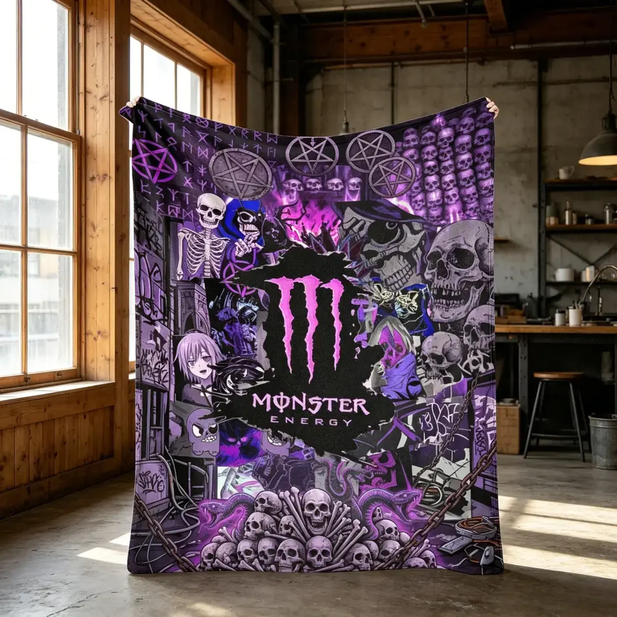 Gothic Skull Monster Energy Style Flannel Blanket Dark Purple Pentagram Horror Graphic Soft Cozy Lightweight AC Throw Blanket Kids Adults Sofa Bed Bedroom Living Room Office Travel Camping Movie Night Home Decor Gift Halloween Party Gothic Aesthetic Viral