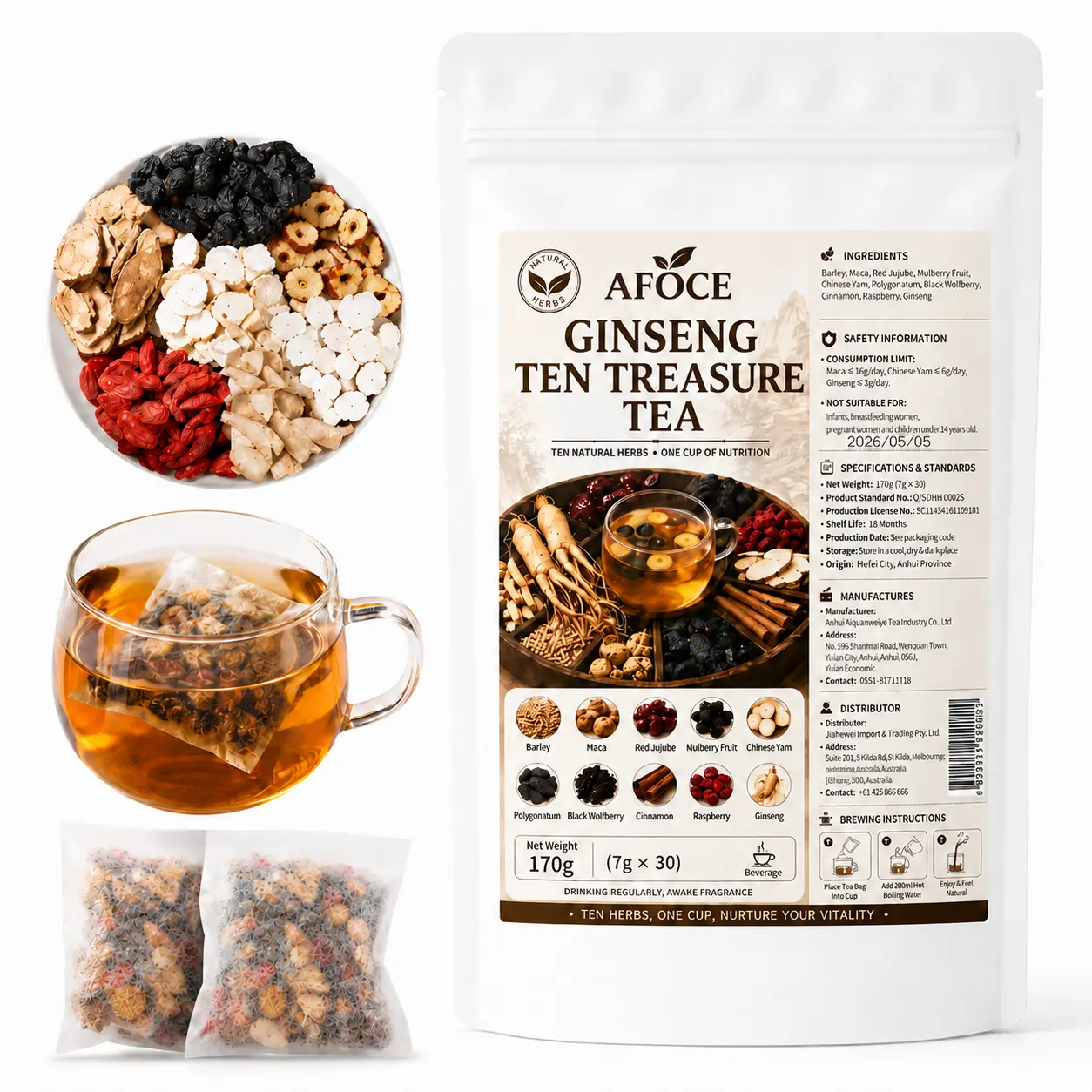 AFOCE Kidney Tea Formula Upgraded Ginseng 10 Treasure Tea, Chinese Herbal Tea Bags with Ginseng, Maca and Black Goji, Daily Herbal Beverage for Men and Women