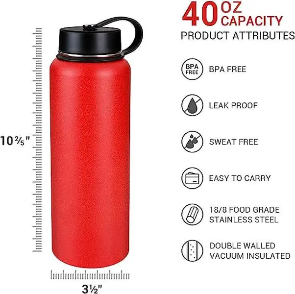 S.Y 40oz Red Wide Mouth Stainless Steel Vacuum Insulated Flask - Sturdy, Portable, BPA-Free, Waterproof Food Grade Material Drinkware with Carry Handle, Suitable for Child, Office to Gym Use, Flasks