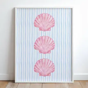 Pink And Blue Coastal Wall Art, Seashell And Striped Poster, Cute Beach Dorm Room Decor, Pastel Aesthetic Print, No Frame Poster Prints, Wall Art Room Decor
