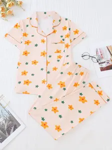 Women's Floral Pajama Set, Elegant All-Over Printed Sleepwear, Comfortable Fitted Short Sleeve Top & Wide Leg Pants, Casual Home Wear