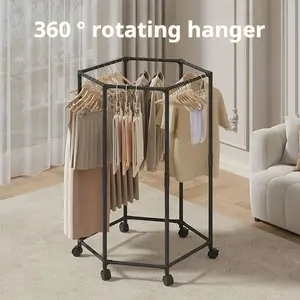 360° Rotating Hexagonal Rolling Clothing Rack, Freestanding Garment Rack with Wheels, Space Saving Portable Clothes Hanger Stand, Clothes Drying Rack