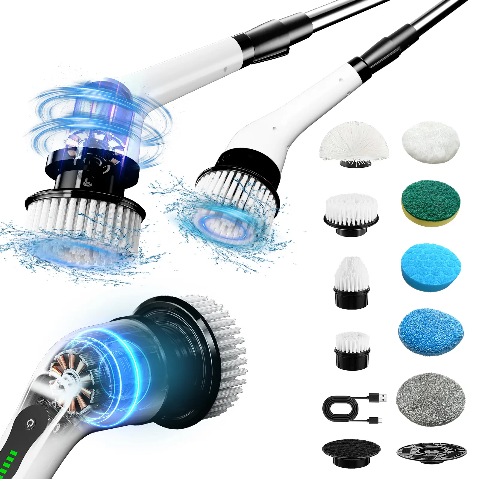 Electric cleaning brush, Electric rotating floor scrubber, Wireless electric rotating washer, Replaceable 9 brush heads and adjustable extended handle