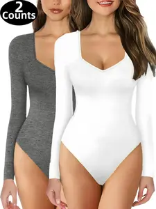 1/2/3 Counts Stylish Thermal Basic Tops, Solid Color Square Neck Long Sleeve for Womens, Slim-fit Minimalist Bodysuit, Stylish Thermal Basic Jumpsuit, Womenswear, Suitable for Pairing with Various Clothing