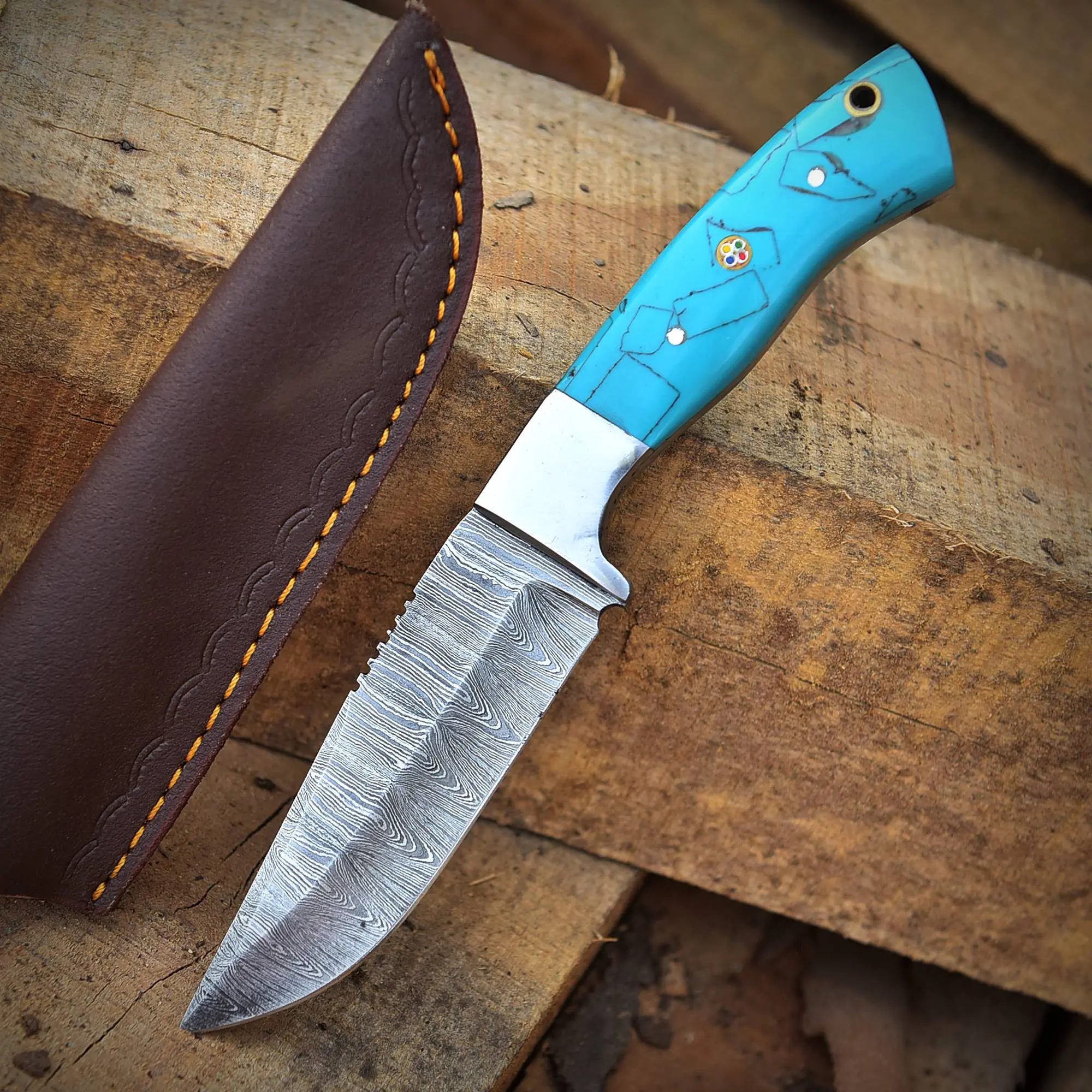 Custom Damascus Kitchen Chef Knife Outdoor Hunting Cooking Knife Resin Handle With Sheath