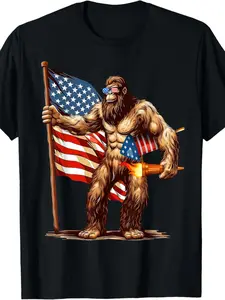Men's 4th of July Patriotic Sasquatch & Fireworks Graphic T-Shirt - Breathable Cotton Crew Neck Tee with US Flag Design, Regular Fit Casual Summer Top for Independence Day Celebrations (Black), Classic Crew Neck, Comfortable Tshirt