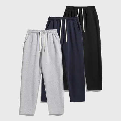 Men's Plus Size Solid Color Fleece-Lined Wide Straight Leg Sports Sweatpants - Studs, Pocket, Warm Autumn-Winter Casual & Street Dance Bottoms