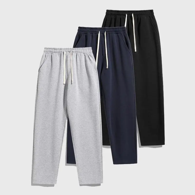 Men's Plus Size Solid Color Fleece-Lined Wide Straight Leg Sports Sweatpants - Studs, Pocket, Warm Autumn-Winter Casual & Street Dance Bottoms