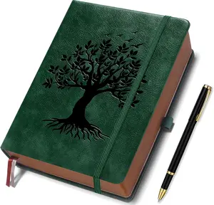 Modern Hardcover A5 Journaling Notebook - 360 Pages Thick Lined 100Gsm Paper, Tree of Life Design, Fine Inner Pocket, for Women Men, Dark Green (Office Stationery)