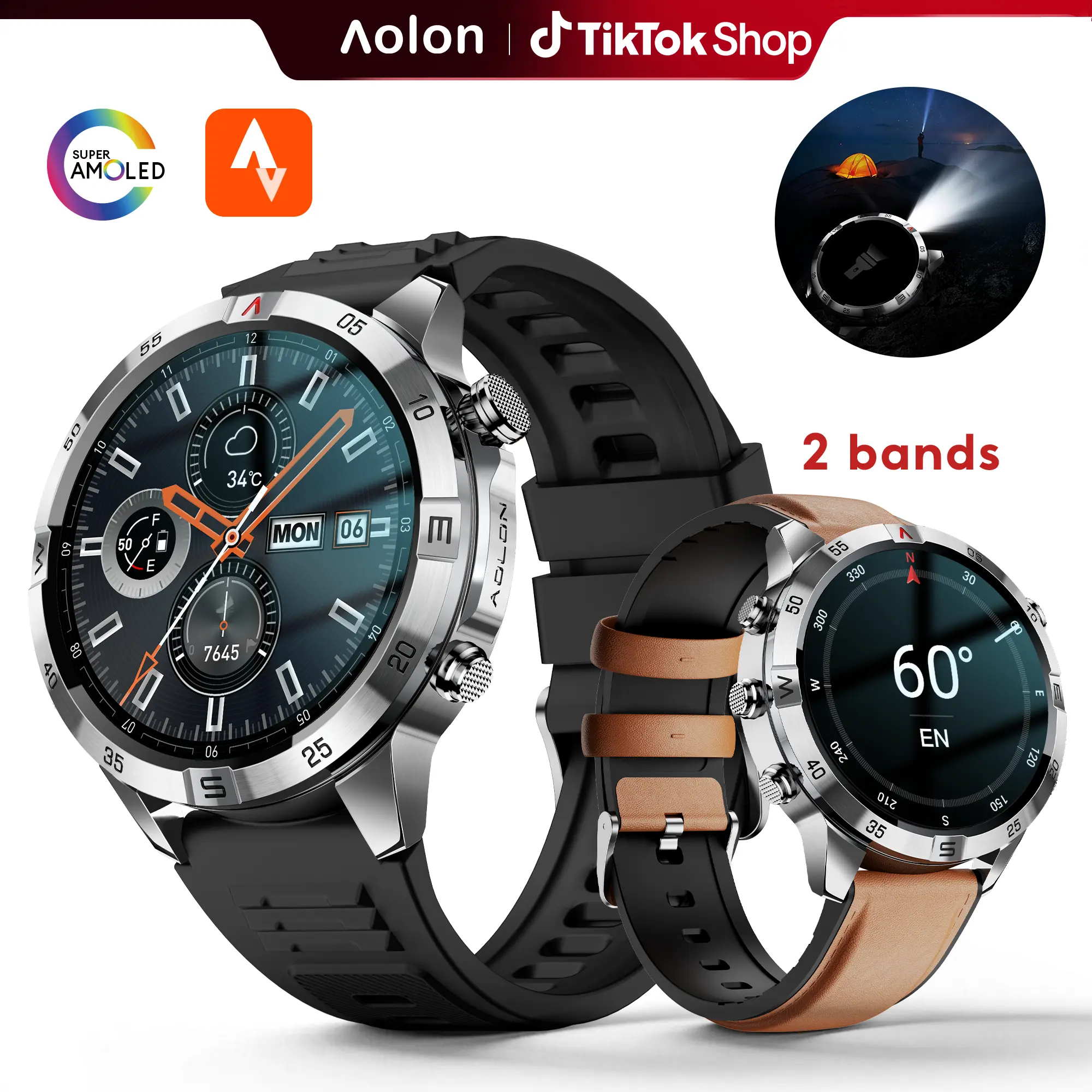 【Work & Outdoor Ready】Aolon GT6 Pro Smart Hiking Device: Rugged 1.51" AMOLED Watch, Bluetooth Calling, Flashlight, Compass, 110+ Sports Modes, 15-Day Avg. Battery, Fast Charging, Water Resistant, Gift for Men.#BlackFriday#CyberMonDay#tech vibes