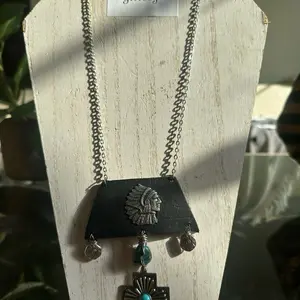Native American Chief Necklace on Leather with Turquoise Accents and Detailed Chief Pendant