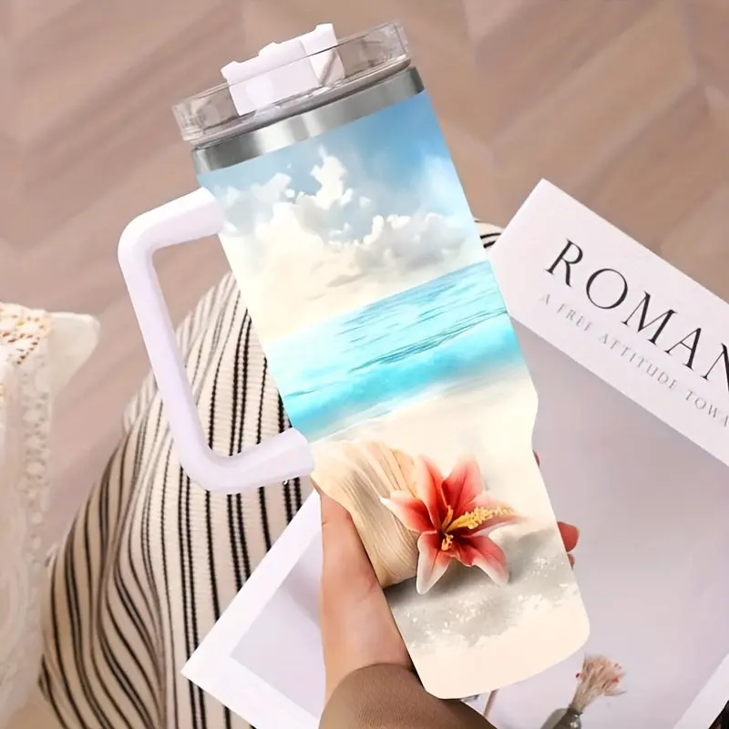 40oz Stainless Steel Vacuum Insulated Tumbler with Lid & Straw - 3D Colorful Fish & Seaside Beach Pattern Double-Wall Insulated for HotCold Drinks Outdoor Travel Camping Car Cup Summer Winter Drinkware Birthday Holiday Party Gift Ocean Theme Decor