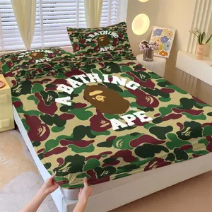 Bape Abc Camo Fitted Sheet Set, 1 Fitted Sheet & 2 Pillowcases, Fashionable Street Elements with Classic Ape Head, Soft Skin-Friendly Anti-Slip Wrinkle Resistant, Trendy Street Style Bedroom Decor
