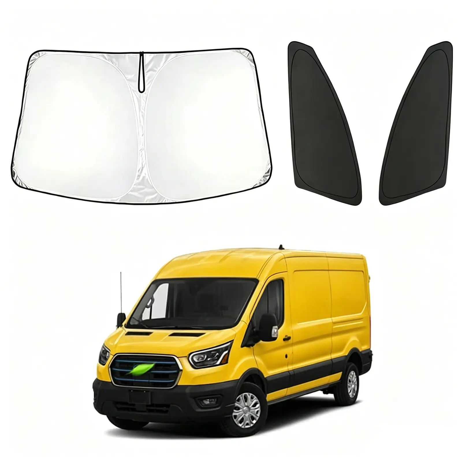 Canvcle 3PCS Automotive Glass Sunshade for 2022-2025 Ford E-Transit Cargo Van, 210T Thick Front & Car Side Window Covers, Foldable Visor Blocks Heat/UV Rays, Car Exterior Accessory, Car Side Window Shades