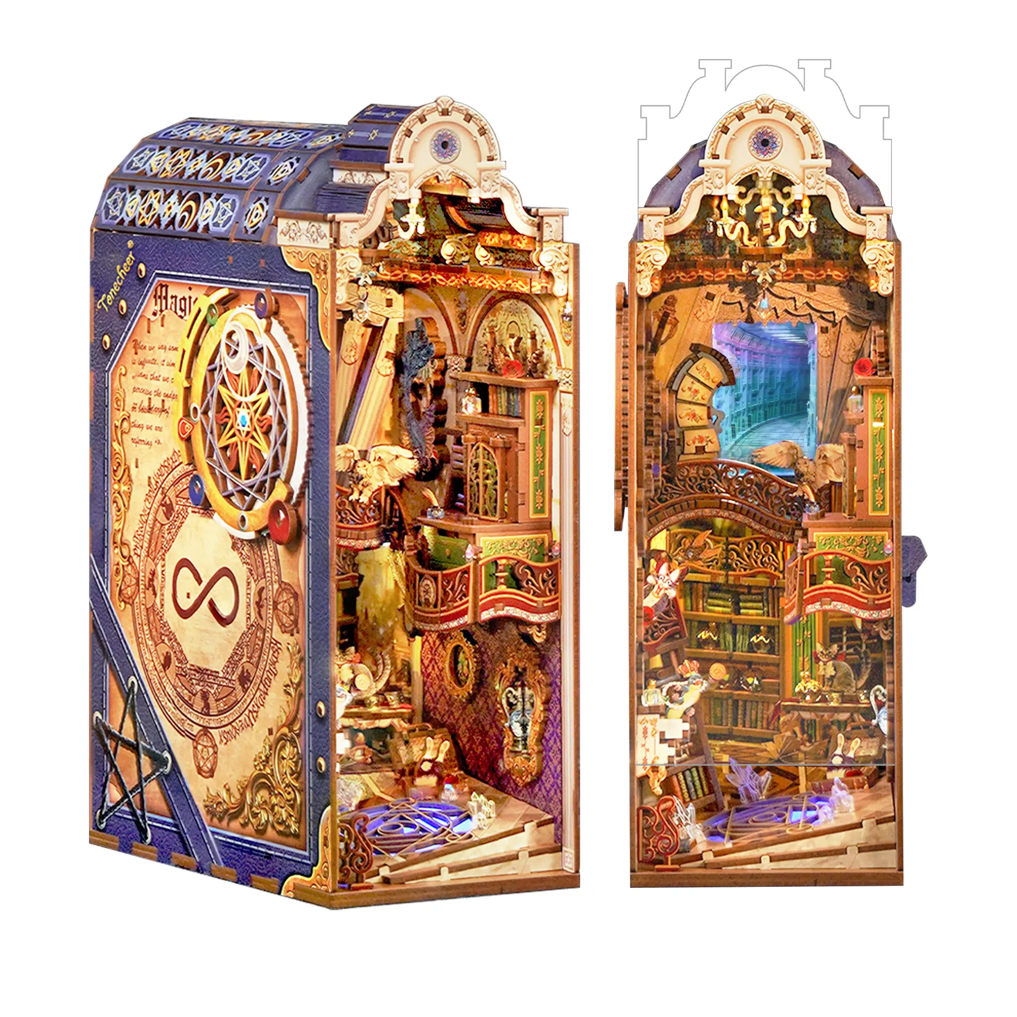 Tonecheer Magical Library DIY Book Nook Kit for Adults, 3D Wooden Puzzle Bookend, Miniature House Bookshelf Insert Decor with Dust Cover, LED Light, STEM Building Blocks, STEM Construction Set (Requires 2 AA Batteries)
