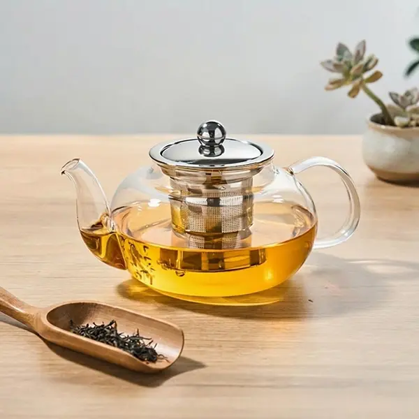 600 ml/1000 ml glass teapot with filter mesh, suitable for stovetop use, made of transparent glass. Made of borosilicate glass material, equipped with a filter mesh; suitable for brewing loose-leaf tea; the teapot can be washed in the dishwasher.