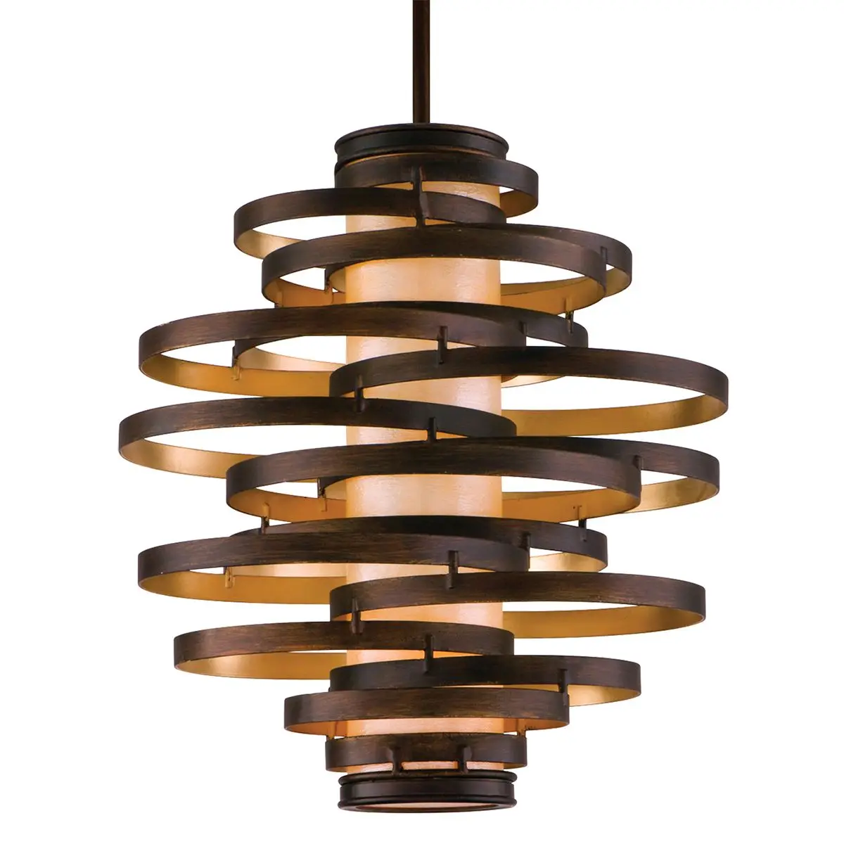 Vertigo Chandelier with Twisted Metal and Caramel Ice Shade, Bronze and Gold Leaf Finish