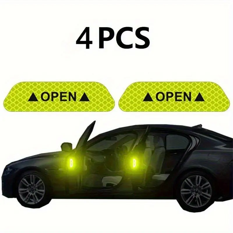 Vehicle decorative stickers, 4pcs set of car door reflective OPEN warning stickers- No battery required, high-gloss visibility neon green night safety stickers, suitable Halloween, Easter, and Thanksgiving