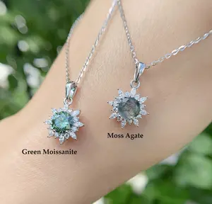 Janefashions Moss Agate, Moissanite And CZ Diamond Cluster Star Sun Flower Pendant Necklace Chain Solid 925 Sterling Silver N15561