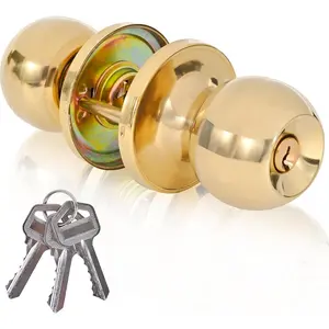 High-Security Stainless Steel Round Ball Door Handle with Lock and Key, Gold, Suitable for Entrance, Front Door and Bedroom