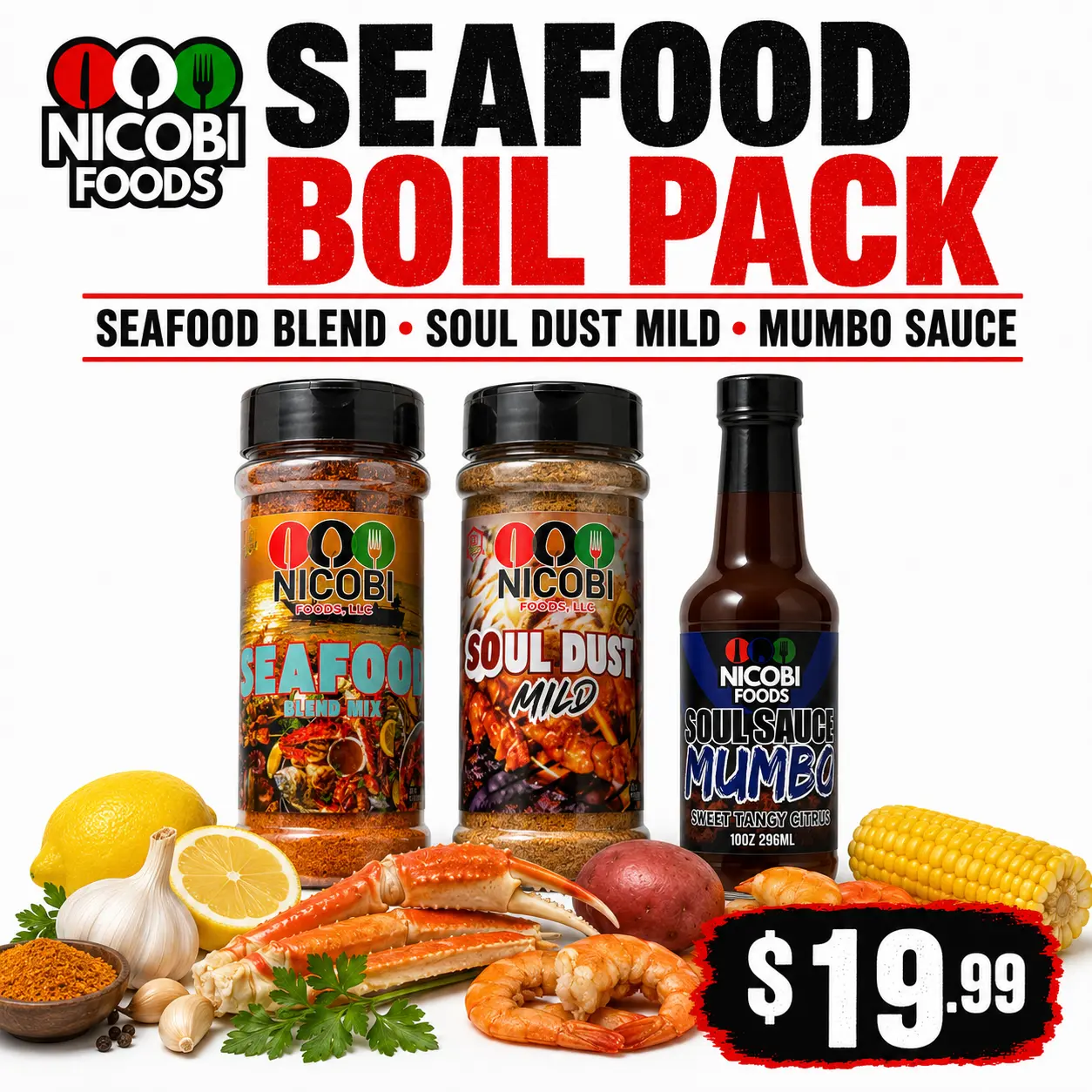 Nicobi Foods Seafood Boil Pack — Seafood Blend, Soul Dust & Mumbo
