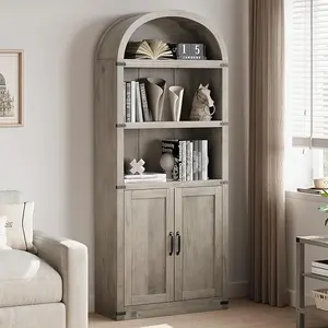 Bookcase with Doors Arched Bookshelf 71.65in Tall Bookcase Farmhouse Cabinet with Shelves Wooden Bookshelves for Home Office, Living Room