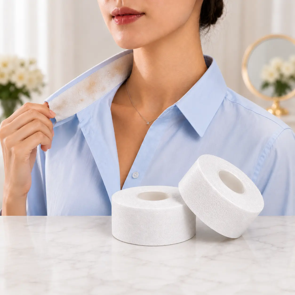 2 Pack Collar Protector Sweat Tape (300cm/Roll), Disposable Anti-Sweat & Makeup Stain Guard Roll for Shirt Collars, Cuffs & Hats