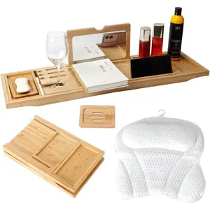 Expandable Foldable Bamboo Bathtub Tray Table with Mirror and Soft 4D Mesh Bath Pillow, Luxury Bath Accessories Spa Gifts for Tub