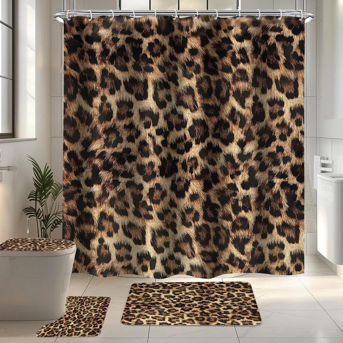 1/4pcs Leopard Print Bathroom Shower Curtain and Mat Set, includes 12 hooks, non-slip bathroom mat, non-slip toilet U-shaped mat, toilet seat cover, bathroom partition, home decor, Bathroom Decor and Accessories