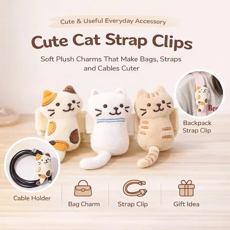 Kawaii Soft Plush Cat Strap Clips, Decorative Bag Charm with Velcro Back, Multipurpose Backpack Strap Clip, Practical Cable Holder for Earphones, Cords & Tiny Accessories, Adorable Holiday Gift for Cat Lovers