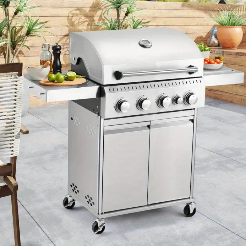 4-Burner Propane Gas Grill with 42, 000 BTU - Stainless Steel Body, Heavy-Duty Cast Iron Grates & Side Burner (Versatile Cooking), Silver Finish, Perfect for Patios/Backyards/Camping