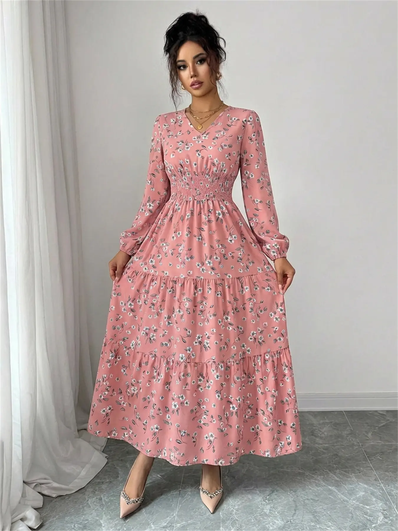 Women Floral Print V Neck Smocked Waist Ruffle Hem Midi Dress Long Sleeve Fall Winter Vacation