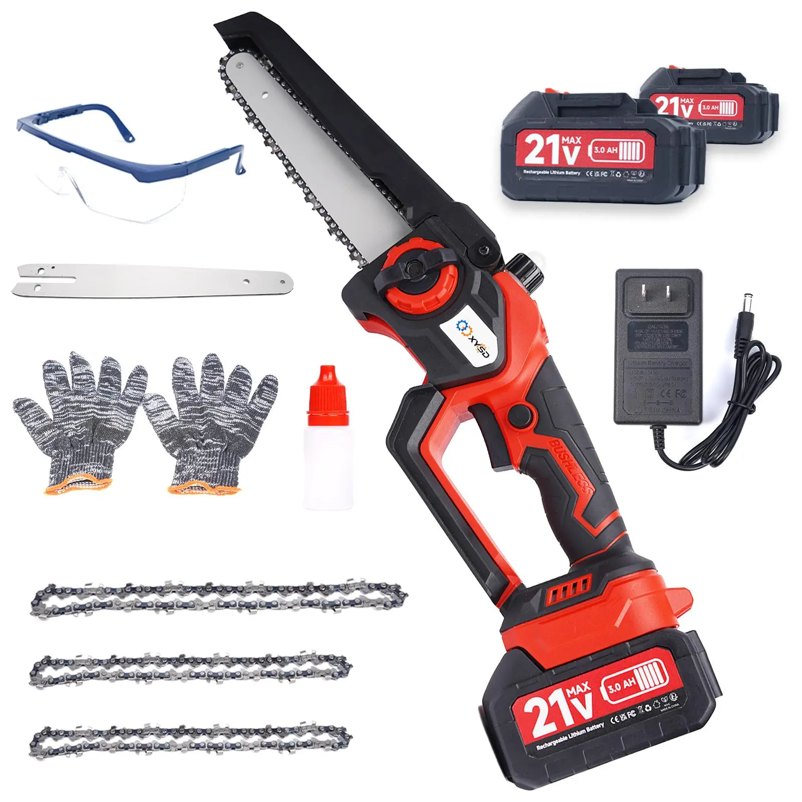 XYSD Cordless Mini Chainsaw (8" & 6"), Battery Powered Handheld Electric Chainsaw with 2x 3.0Ah Batteries, Charger, Brushless Motor, Replacement Hoe & Free Tool Kit Set for Wood Cutting, Tree Trimming, Battery Powered Chainsaw