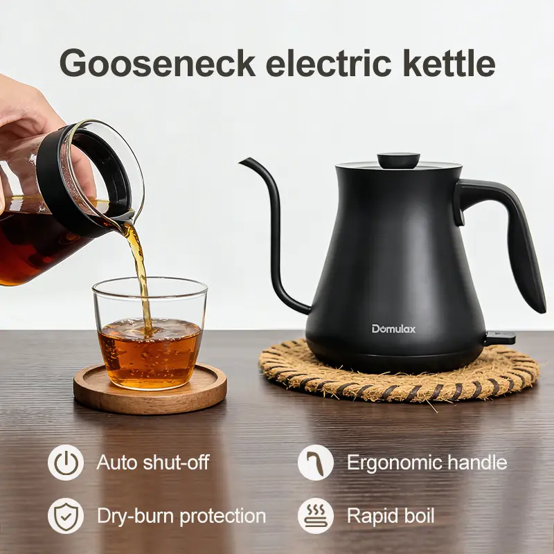 Gooseneck Stainless Steel Electric Kettle 0.8L Ebony Black, 1000W Quick Heating with Temperature Control, 1-Click Operation & Built-In Brew Timer, Pour-Over Coffee & Tea Maker, Barista Equipment