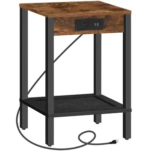HOOBRO Side Table with Charging Station, End Table with USB Ports and Outlet, Nightstand with Storage Shelf, Faux Rattan Style, for Living Room