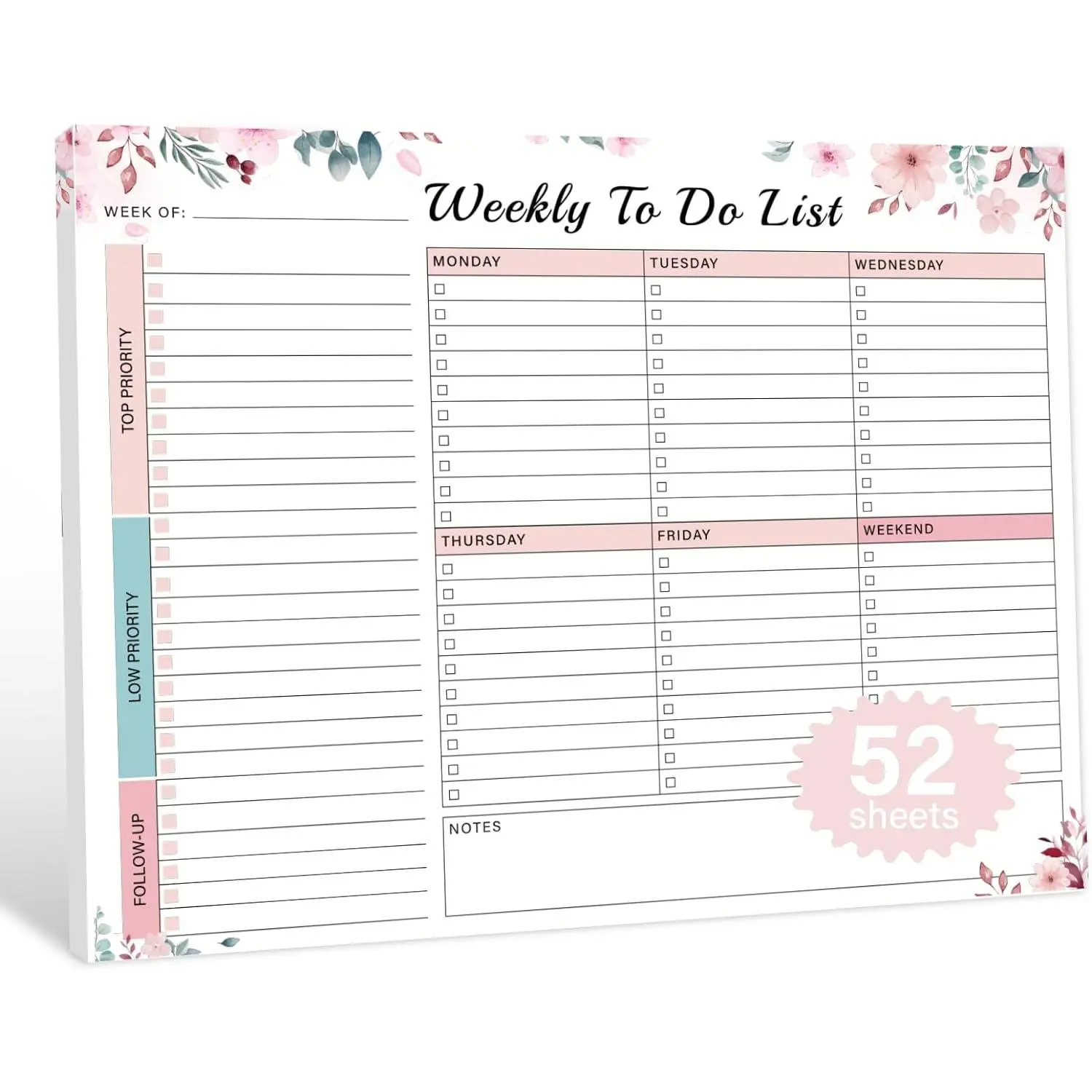 Weekly Planner Notebook - 52 Undated Off Sheets (8.5"x11") Spiral-Bound Productivity Planner Pad for Work, School, Men & Women