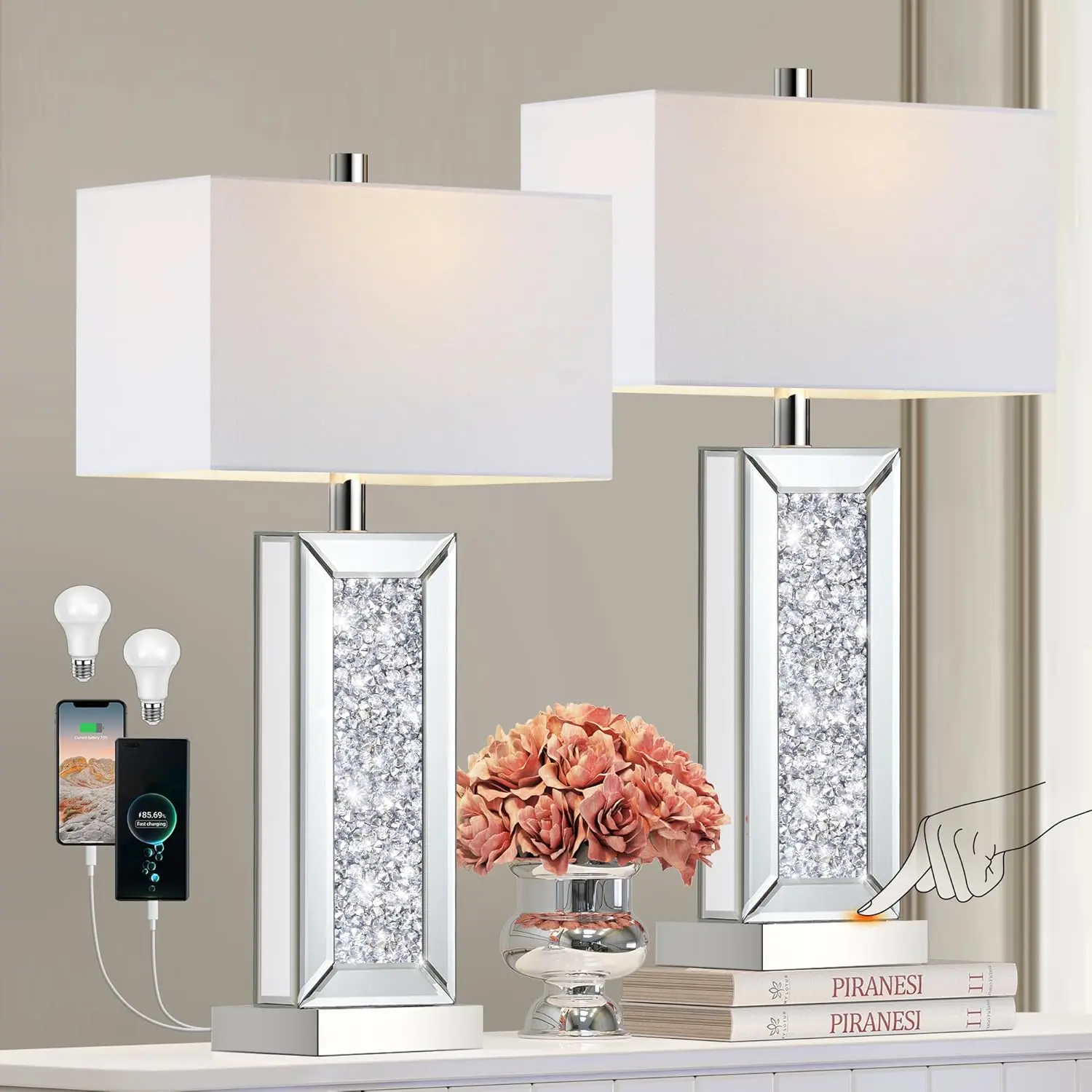 Table Lamp Set of 2 Touch Control, Mirror Big Diamond Crystal Bedside Lamp with USB C+A Ports, 3-Way Dimmable Mirrored Nightstand Lamps White Fabric Shade for Living Room ,To ensure the lamp shade is flat, it needs to be ironed with a garment steamer.